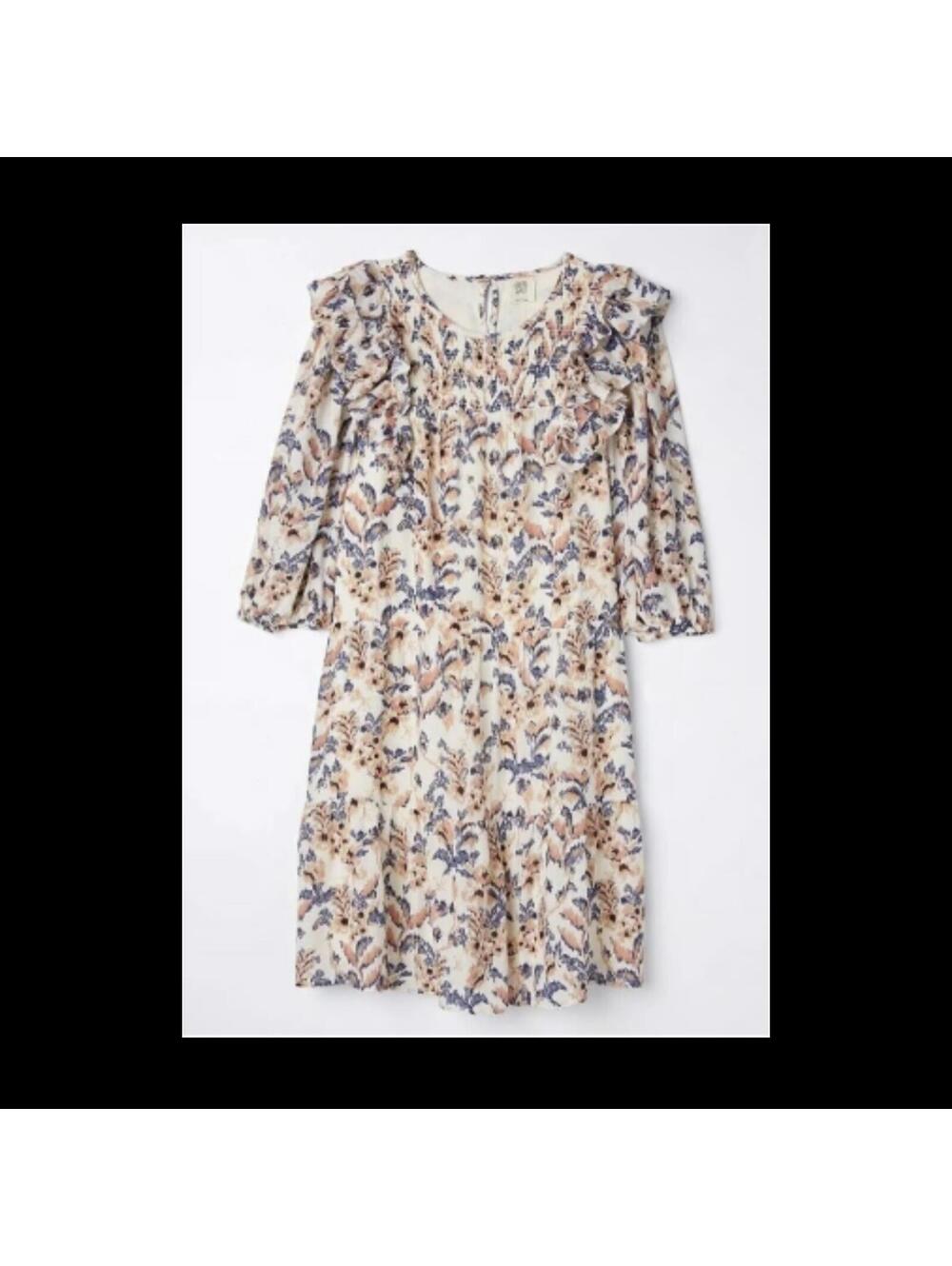 Good Hart Ivory Blue Brown Floral Smocked Ruffle Short A-Line Dress 3/4 Sleeve M